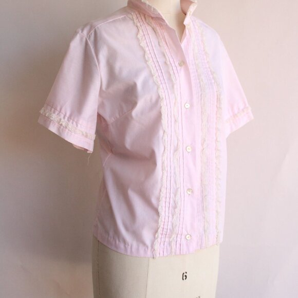 Vintage 1960s Blouse, Pink Cotton Tuxedo Front with Ruffled Lace Trim and Nehru - Picture 5 of 10